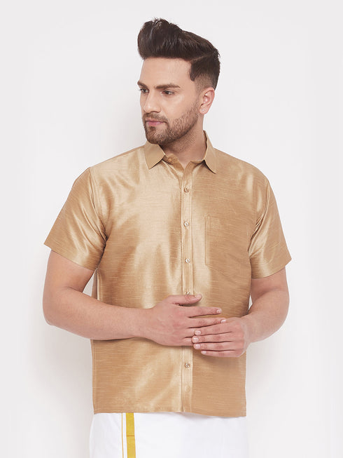 Vastramay Men's Gold Silk Blend Ethnic Shirt