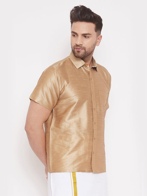 Vastramay Men's Gold Silk Blend Ethnic Shirt