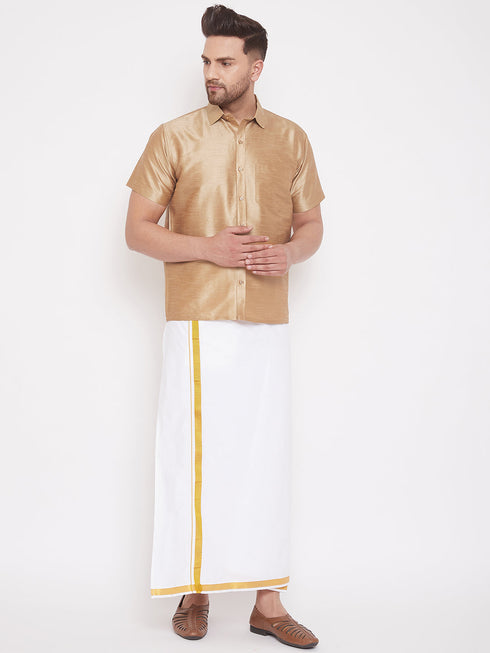 Vastramay Men's Rose Gold And White Silk Blend Shirt And Mundu Set