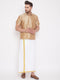 Vastramay Men's Rose Gold And White Silk Blend Shirt And Mundu Set