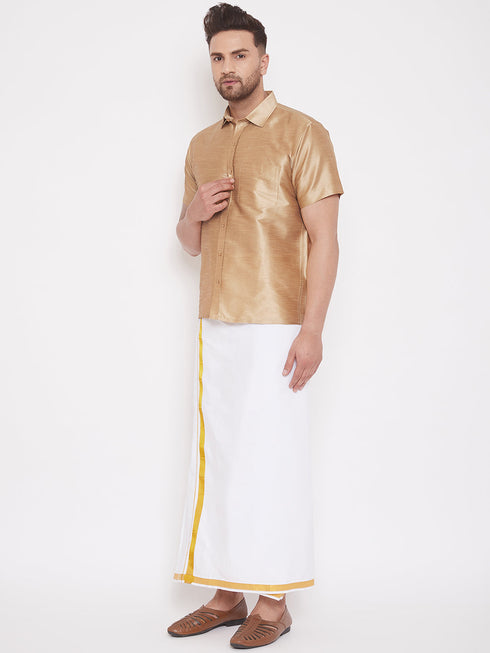 Vastramay Men's Rose Gold And White Silk Blend Shirt And Mundu Set