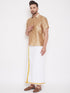 Vastramay Men's Rose Gold And White Silk Blend Shirt And Mundu Set