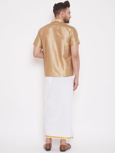 Vastramay Men's Rose Gold And White Silk Blend Shirt And Mundu Set