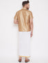 Vastramay Men's Rose Gold And White Silk Blend Shirt And Mundu Set
