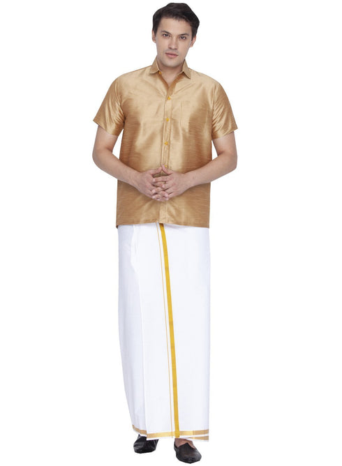 Vastramay Men's Gold Cotton Silk Blend Shirt and Dhoti Set