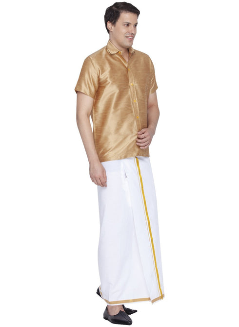 Vastramay Men's Gold Cotton Silk Blend Shirt and Dhoti Set