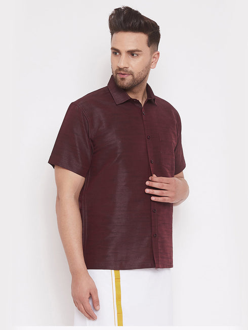 Vastramay Men's Wine Silk Blend Ethnic Shirt