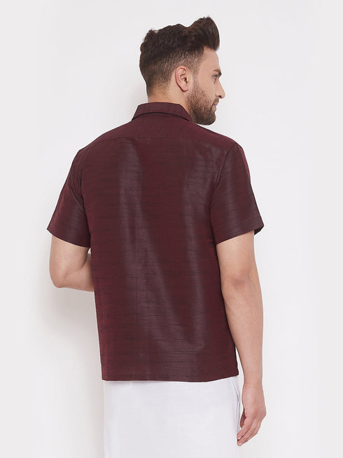 Vastramay Men's Wine Silk Blend Ethnic Shirt