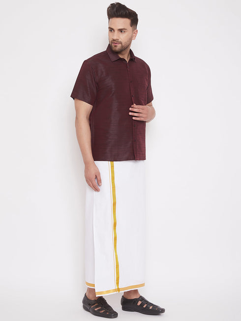 Vastramay Men's Wine and White Silk Blend Shirt And Mundu Set