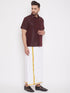 Vastramay Men's Wine and White Silk Blend Shirt And Mundu Set