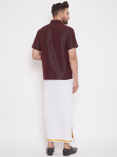 Vastramay Men's Wine and White Silk Blend Shirt And Mundu Set