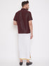 Vastramay Men's Wine and White Silk Blend Shirt And Mundu Set