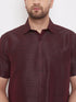 Vastramay Men's Wine and White Silk Blend Shirt And Mundu Set