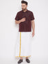 Vastramay Men's Wine and White Silk Blend Shirt And Mundu Set