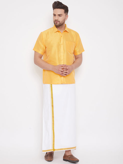 Vastramay Men's Yellow and White Silk Blend Shirt And Mundu Set