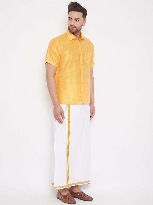 Vastramay Men's Yellow and White Silk Blend Shirt And Mundu Set