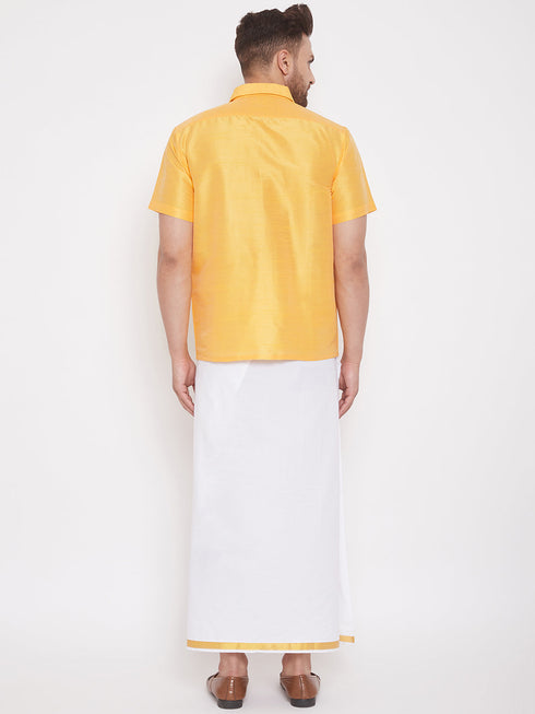 Vastramay Men's Yellow and White Silk Blend Shirt And Mundu Set