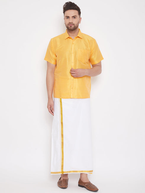 Vastramay Men's Yellow and White Silk Blend Shirt And Mundu Set
