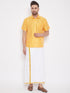Vastramay Men's Yellow and White Silk Blend Shirt And Mundu Set
