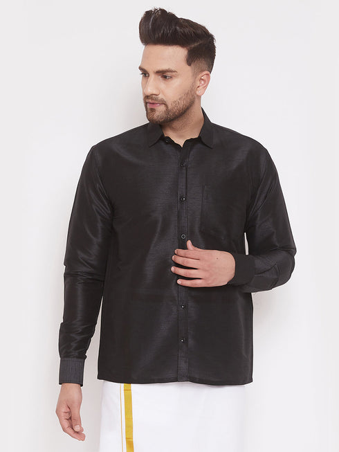 Vastramay Men's Black Silk Blend Ethnic Shirt