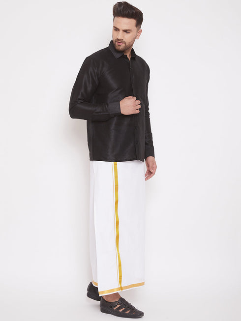 Vastramay Men's Black And White Silk Blend Shirt And Mundu Set