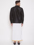 Vastramay Men's Black And White Silk Blend Shirt And Mundu Set