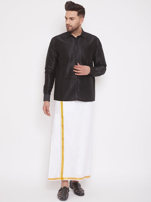 Vastramay Men's Black And White Silk Blend Shirt And Mundu Set