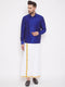Vastramay Men's Blue And White Silk Blend Shirt And Mundu Set