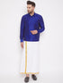 Vastramay Men's Blue And White Silk Blend Shirt And Mundu Set