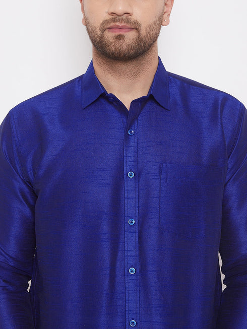 Vastramay Men's Blue And White Silk Blend Shirt And Mundu Set
