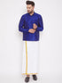Vastramay Men's Blue And White Silk Blend Shirt And Mundu Set