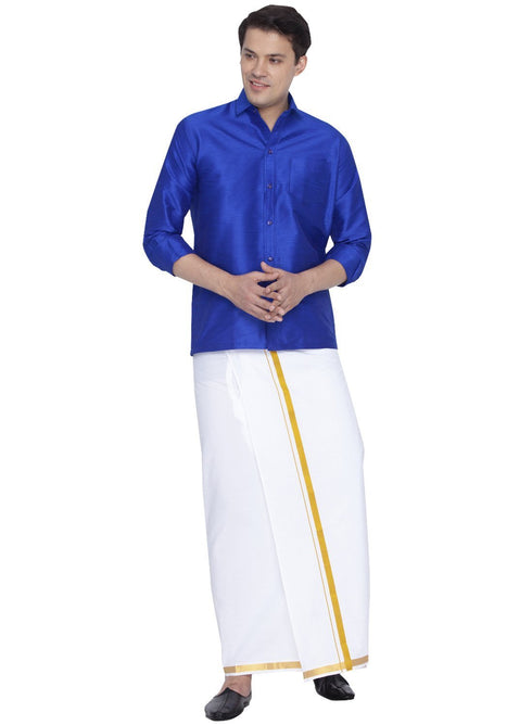 Vastramay Men's Blue Cotton Silk Blend Shirt and Dhoti Set