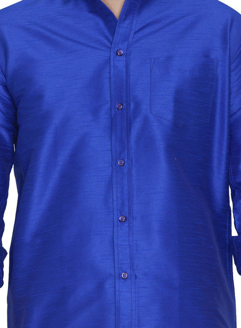 Vastramay Men's Blue Cotton Silk Blend Shirt and Dhoti Set