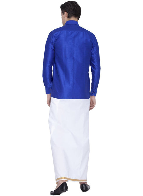 Vastramay Men's Blue Cotton Silk Blend Shirt and Dhoti Set