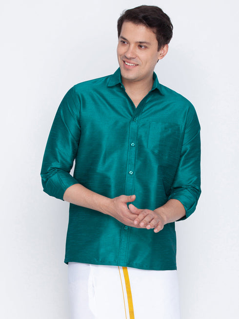 Vastramay Men's Green Silk Blend Ethnic Shirt