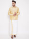 Vastramay Men's Gold And White Silk Blend Shirt And Mundu Set