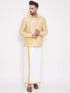 Vastramay Men's Gold And White Silk Blend Shirt And Mundu Set
