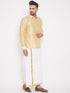 Vastramay Men's Gold And White Silk Blend Shirt And Mundu Set