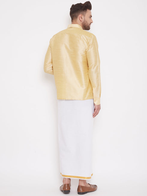 Vastramay Men's Gold And White Silk Blend Shirt And Mundu Set