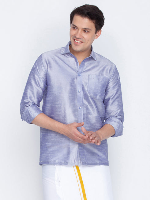 Vastramay Men's Light Blue Silk Blend Ethnic Shirt