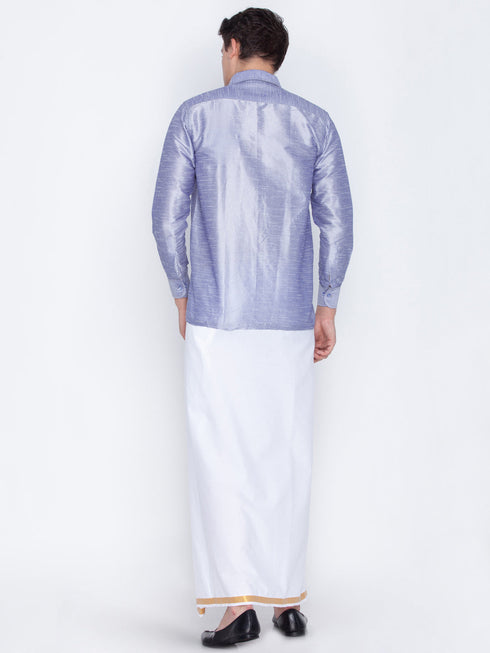 Vastramay Men's Blue Cotton Silk Blend Shirt and Mundu Set