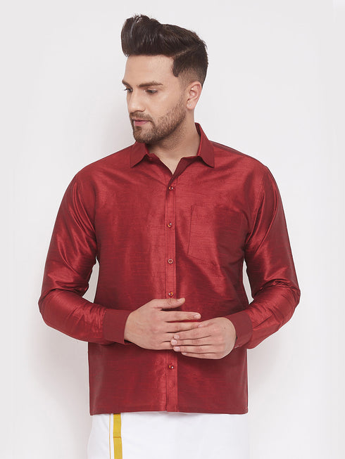 Vastramay Men's Maroon Silk Blend Ethnic Shirt