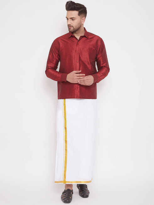 Vastramay Men's Maroon And White Silk Blend Shirt And Mundu Set