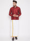 Vastramay Men's Maroon And White Silk Blend Shirt And Mundu Set