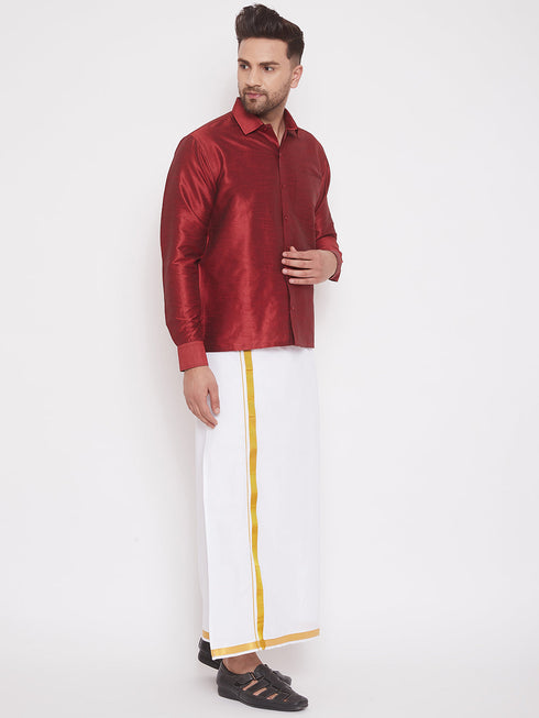 Vastramay Men's Maroon And White Silk Blend Shirt And Mundu Set