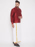 Vastramay Men's Maroon And White Silk Blend Shirt And Mundu Set
