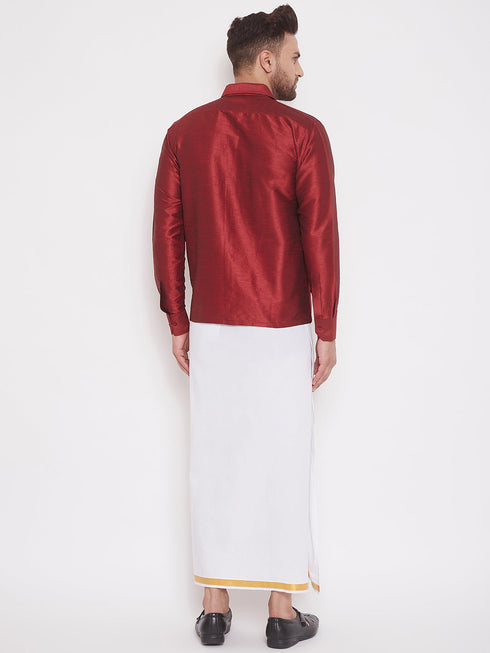 Vastramay Men's Maroon And White Silk Blend Shirt And Mundu Set