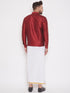 Vastramay Men's Maroon And White Silk Blend Shirt And Mundu Set