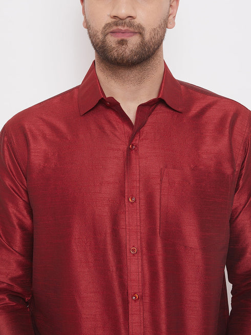 Vastramay Men's Maroon And White Silk Blend Shirt And Mundu Set