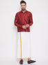 Vastramay Men's Maroon And White Silk Blend Shirt And Mundu Set
